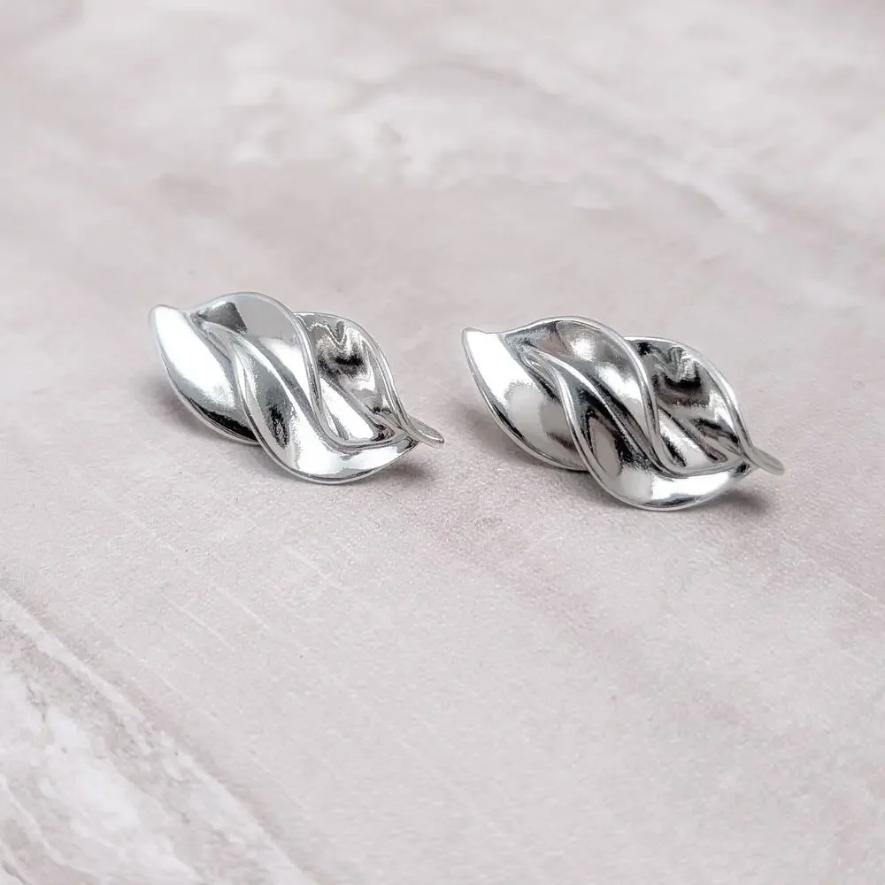 Vintage Clip On Earrings Large Silver Tone Twisted Leave Statement Glam